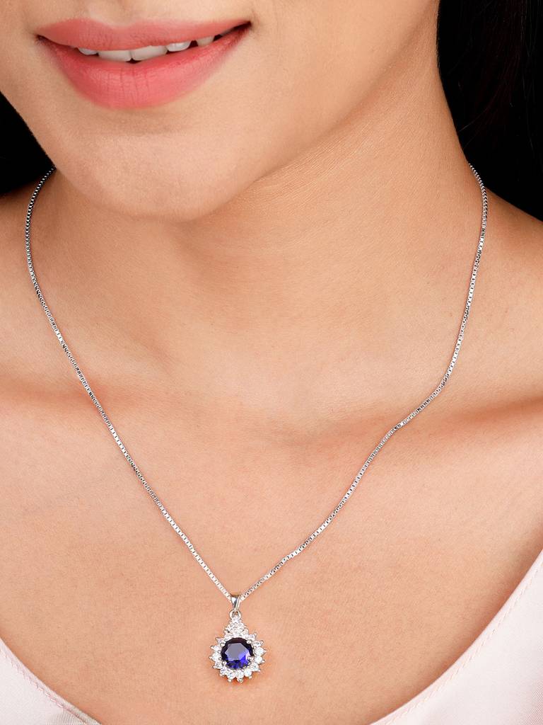Giva 925 Sterling Silver Sapphire Floral Pendant With Box Chain
