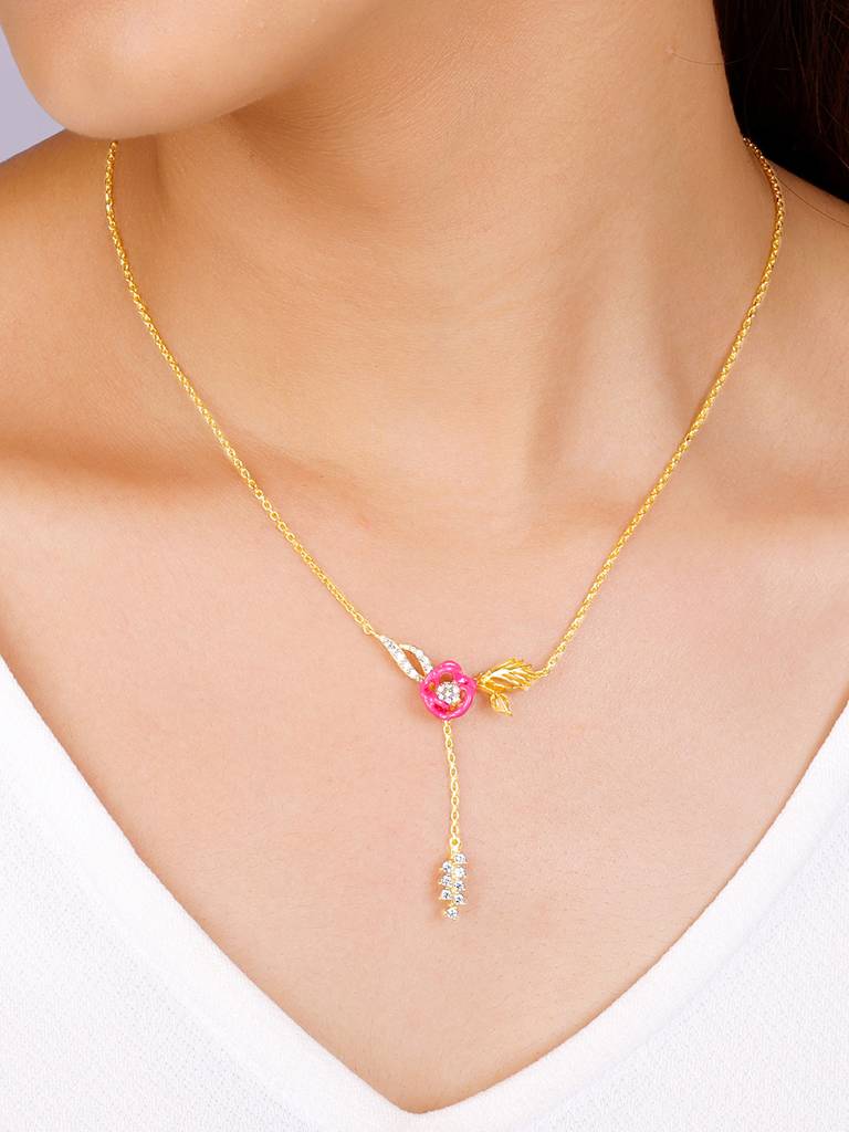 Giva 925 Sterling Silver Bhumi Golden Hot Pink Brahma Kamal Lariat Necklace
