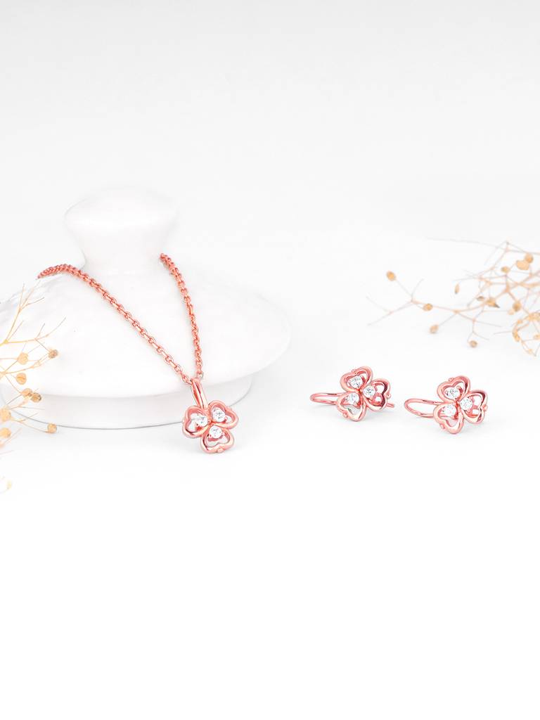 925 Silver Rose Gold Three Leaf Clover Set For Women And Girls : PD02282ER0441