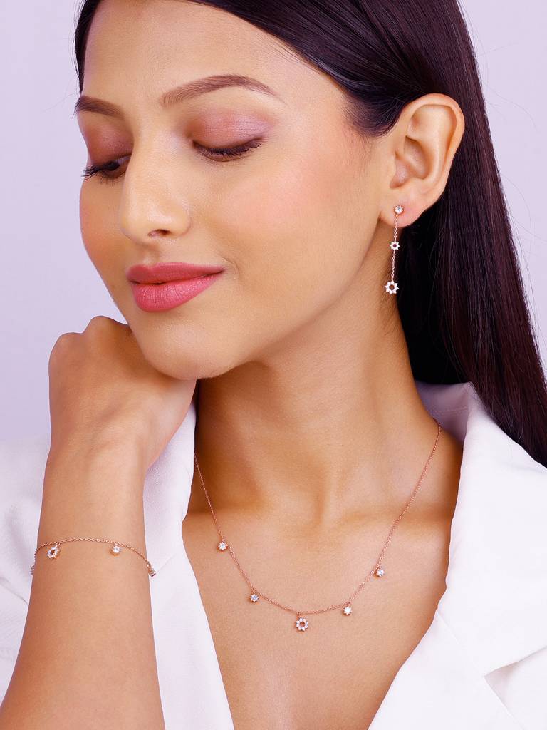 925 Silver Rose Gold Flower Charm Set For Women And Girls : PD02286ER02527BR0112