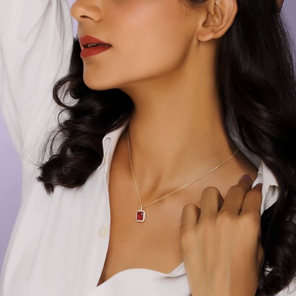 Golden Ruby Red Baguette Pendant With Link Chain : PD0230