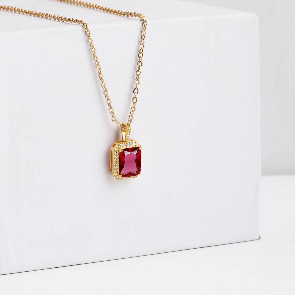 Golden Ruby Red Baguette Pendant With Link Chain : PD0230