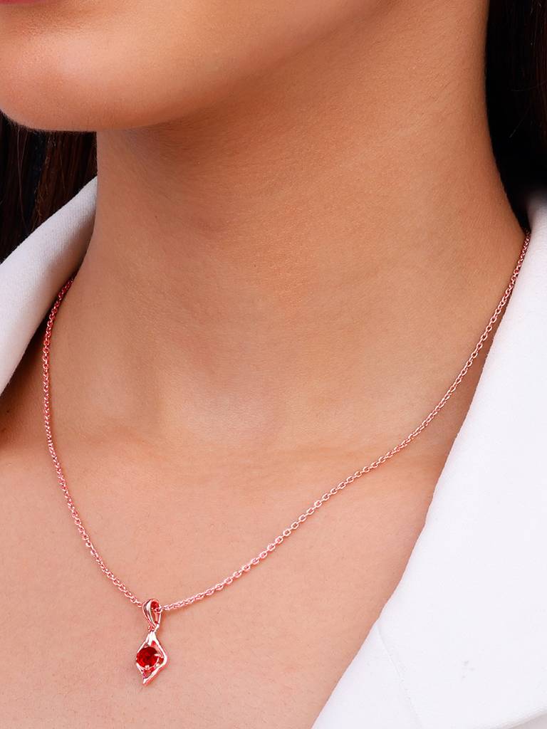 925 Silver Rose Gold Falling Dew In Red Pendant With Link Chain For Womens And Girls : PD02346