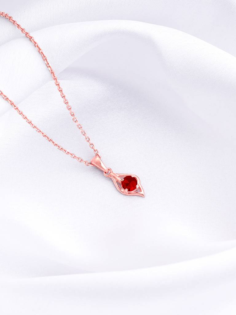 925 Silver Rose Gold Falling Dew In Red Pendant With Link Chain For Womens And Girls : PD02346