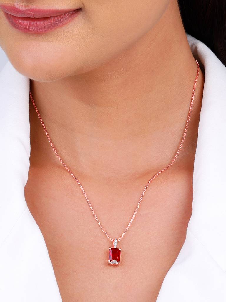 Giva 925 Silver Rose Gold Red Baguette Pendant With Link Chain : PD02352