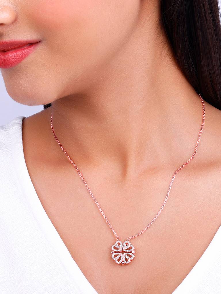 Giva 925 Silver Rose Gold Clover Heart Magnet Necklace : PD02357