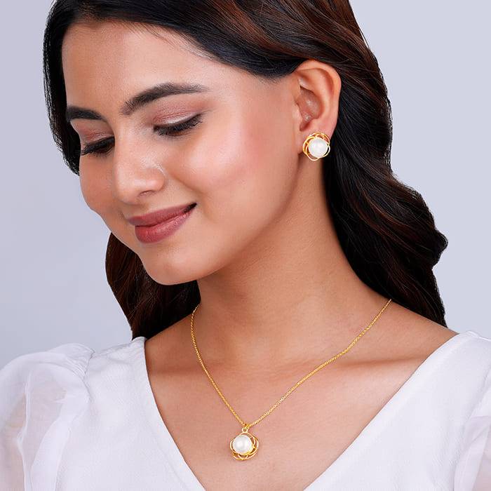 Giva 925 Sterling Silver Golden Nested Pearl Set| Gifts For Women And Girls | With Certifi : PD02373ER02619