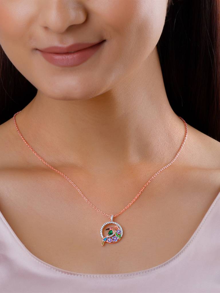 925 Silver Rose Gold Bee Eater Pendant With Link Chain For Women : PD02400
