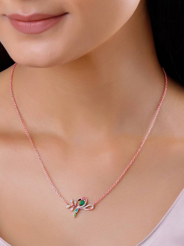 925 Silver Rose Gold Woody Bird Necklace For Women : PD02401