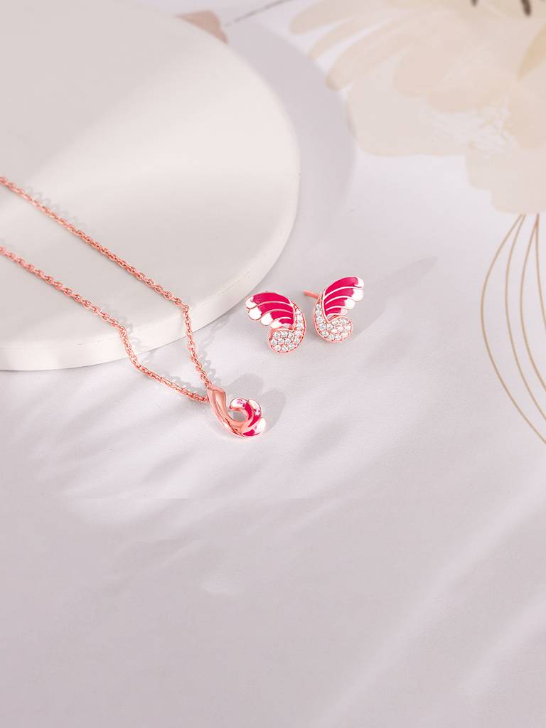 925 Silver Rose Gold Curled Wing Set For Women : PD02404ER02631