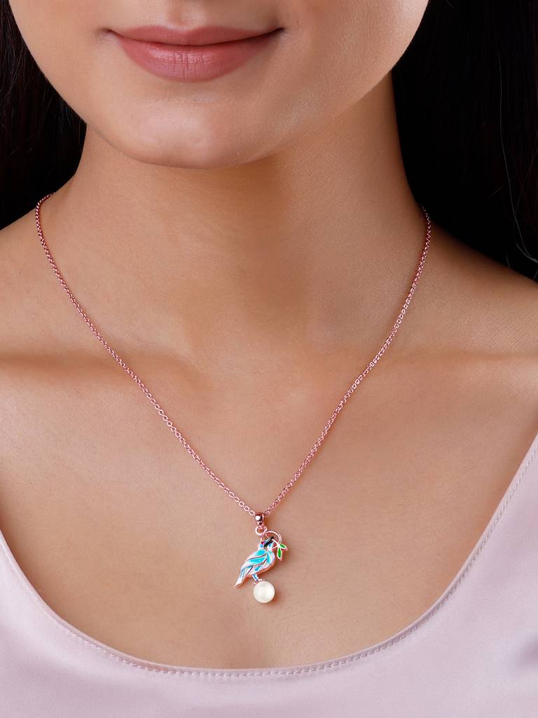 925 Silver Rose Gold Blissful Bird Pendant With Link Chain For Women : PD02410