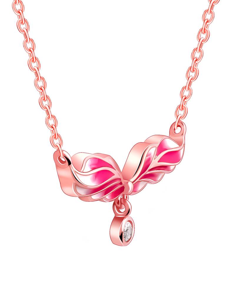 925 Silver Rose Gold Fluffed Wing Necklace For Women : PD02411
