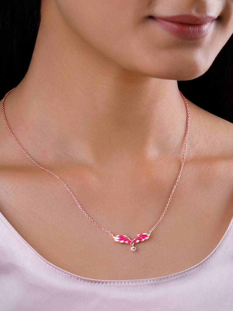 925 Silver Rose Gold Fluffed Wing Necklace For Women : PD02411