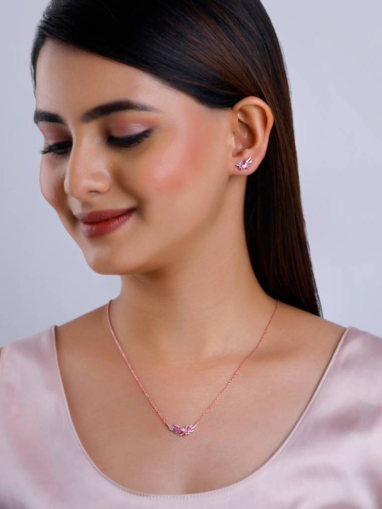925 Silver Rose Gold Fly In Pink Set For Women : PD02412ER02639