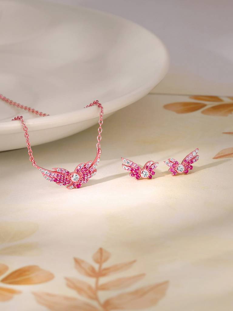 925 Silver Rose Gold Fly In Pink Set For Women : PD02412ER02639