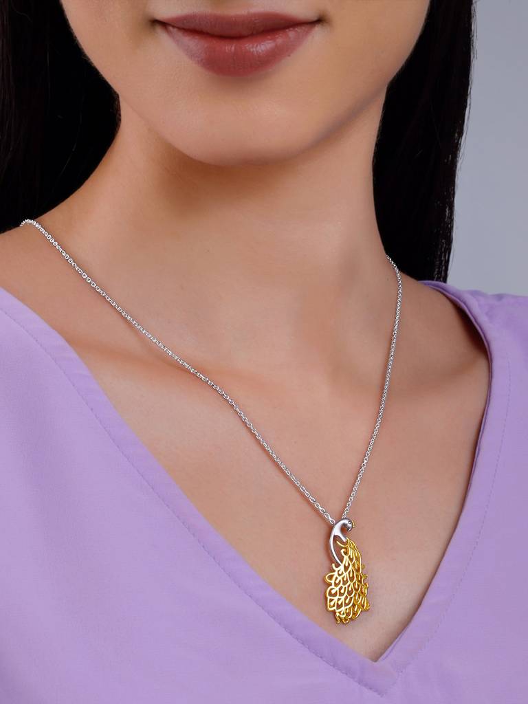Silver Golden Peacock Pendant With Link Chain : PD02433
