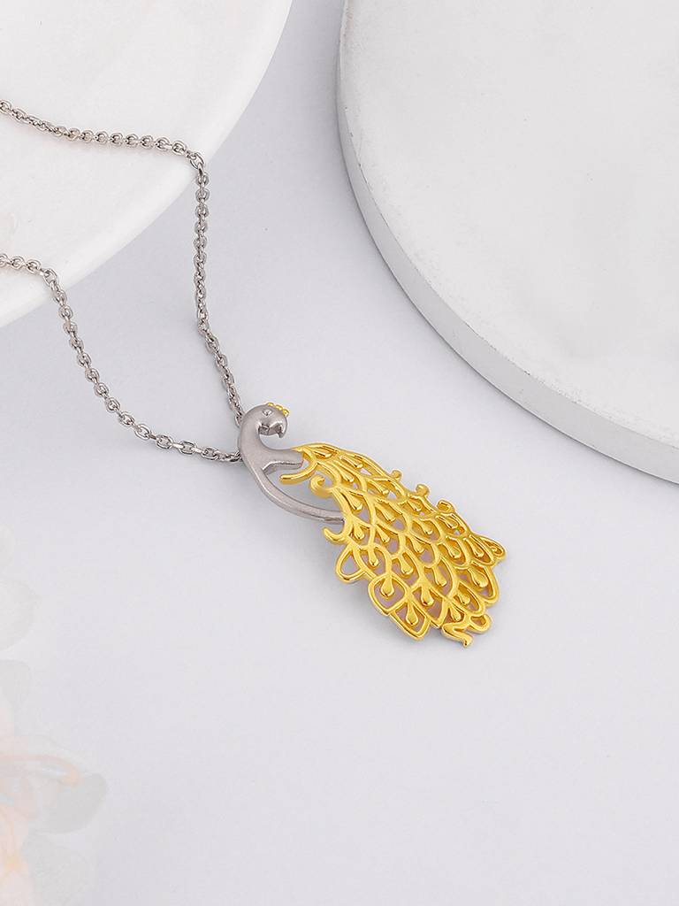 Silver Golden Peacock Pendant With Link Chain : PD02433