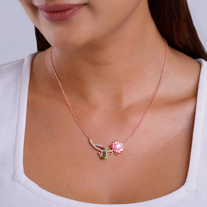 Rose Gold Brilliant Brahma Kamal Necklace| Necklace To Gift Women & Girls | With Certifica : PD02451
