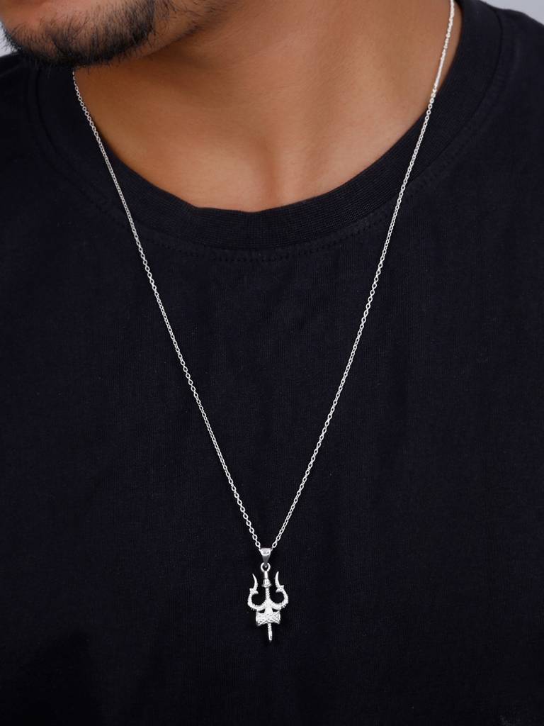 Silver Trishul Pendant With Link Chain For Him : PD02480