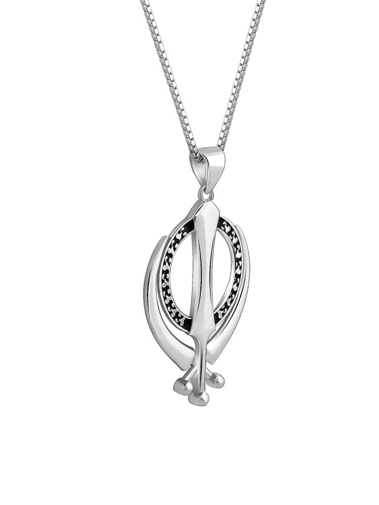 Silver Sikh Khanda Symbol Pendant With Box Chain For Him : PD02499