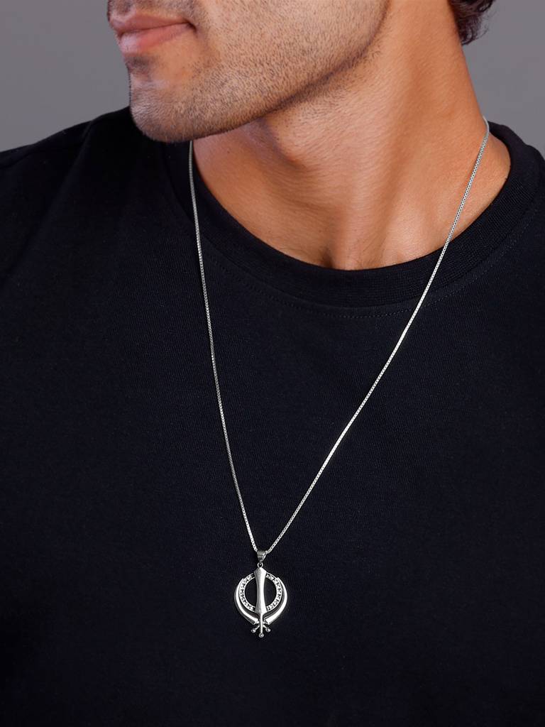 Silver Sikh Khanda Symbol Pendant With Box Chain For Him : PD02499