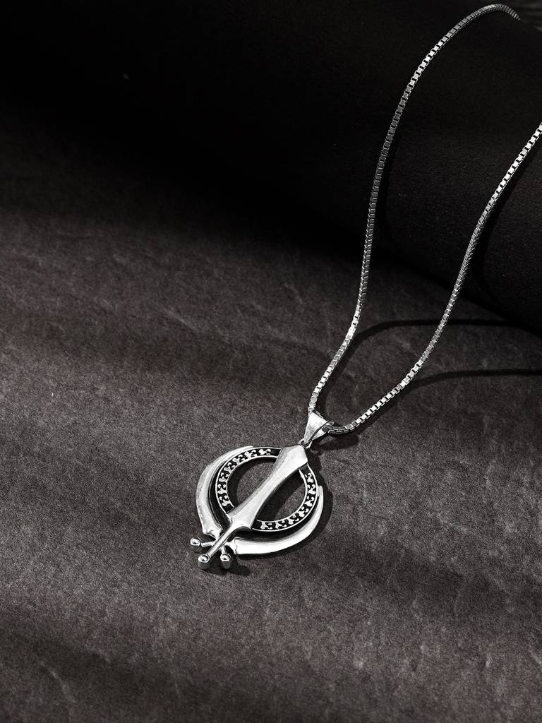 Silver Sikh Khanda Symbol Pendant With Box Chain For Him : PD02499