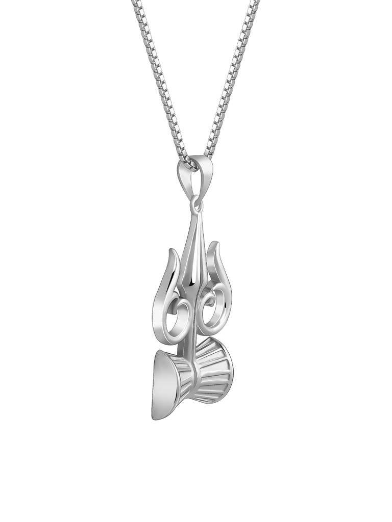 Silver Trishul And Damru Pendant With Box Chain For Him : PD02500