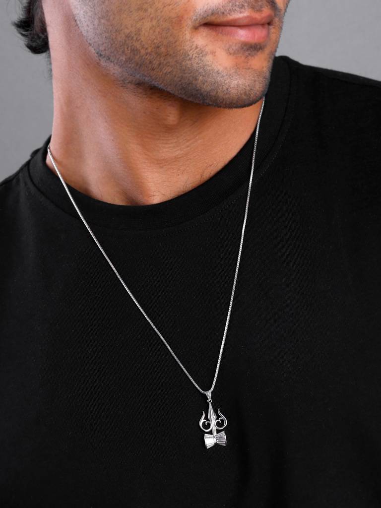 Silver Trishul And Damru Pendant With Box Chain For Him : PD02500