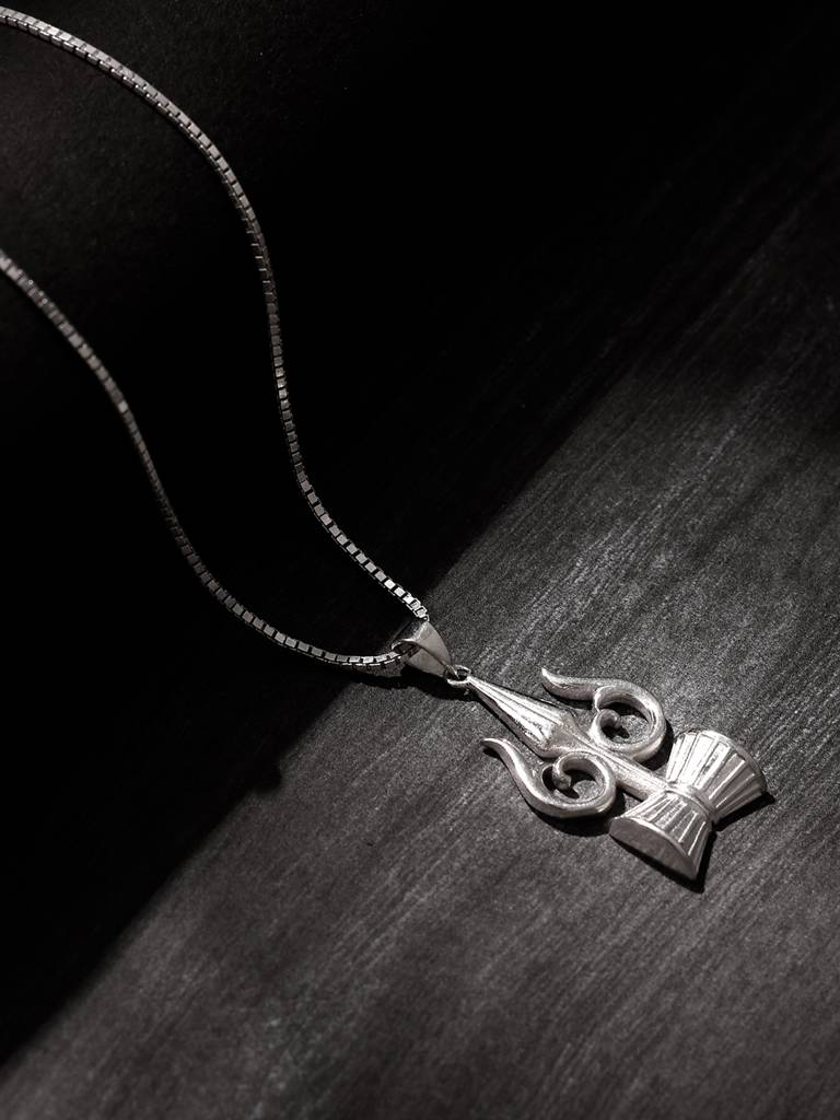 Silver Trishul And Damru Pendant With Box Chain For Him : PD02500