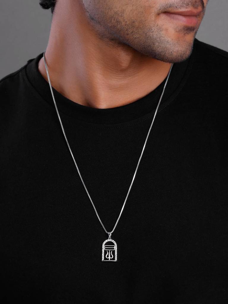 Silver Mahadev And Trishul Pendant With Box Chain For Him : PD02501