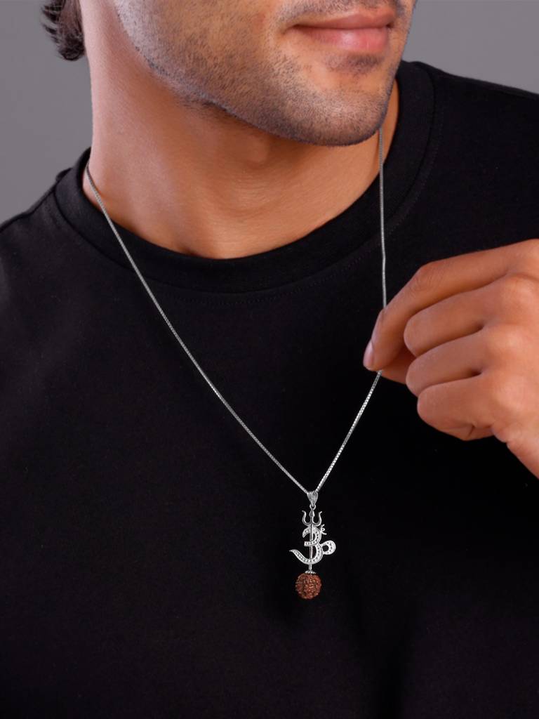 Silver Om Trishul Rudrakshi Pendant With Box Chain For Him : PD02502