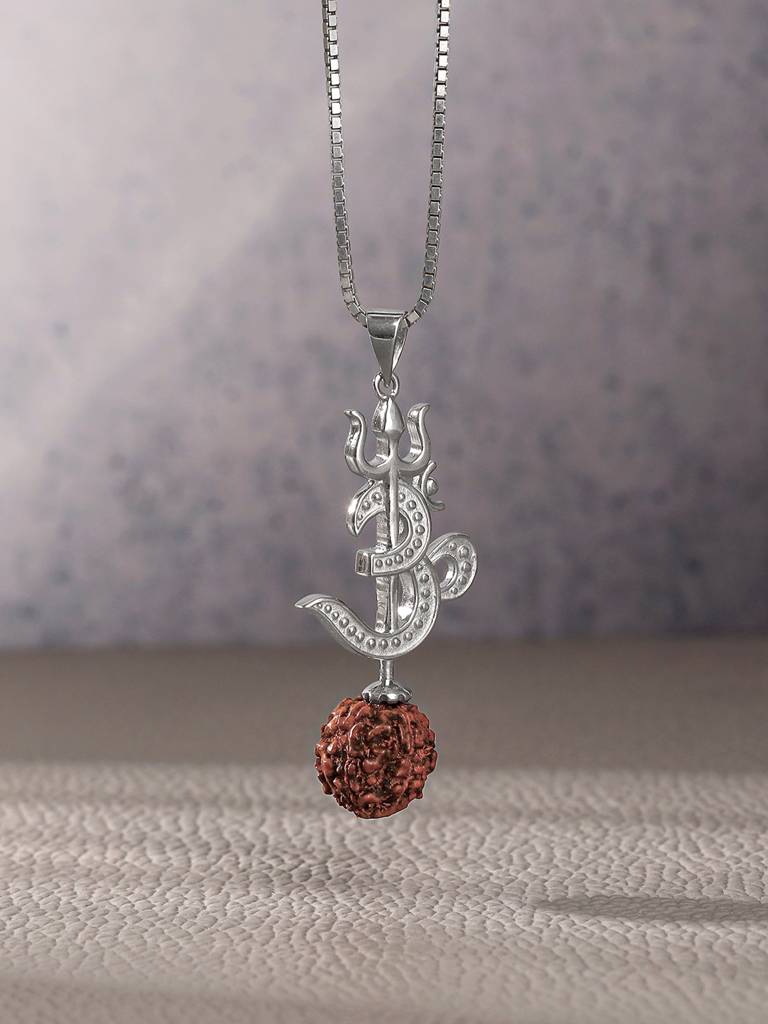 Silver Om Trishul Rudrakshi Pendant With Box Chain For Him : PD02502