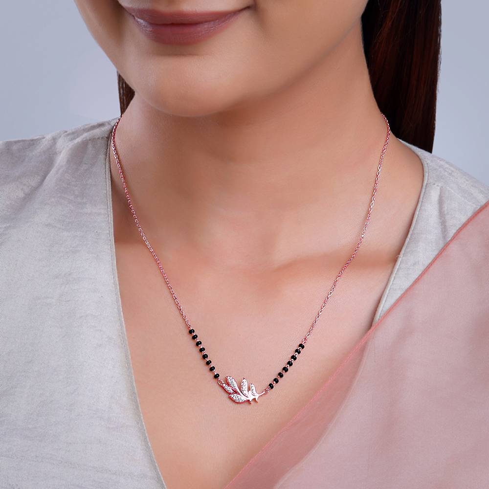Giva 925 Silver Rose Gold Peacock Feather Mangalsutra| Black Bead Necklace To Gift Women | With Certificate Of Authe : PD02521