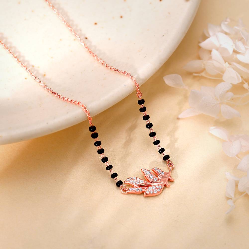 Giva 925 Silver Rose Gold Peacock Feather Mangalsutra| Black Bead Necklace To Gift Women | With Certificate Of Authe : PD02521