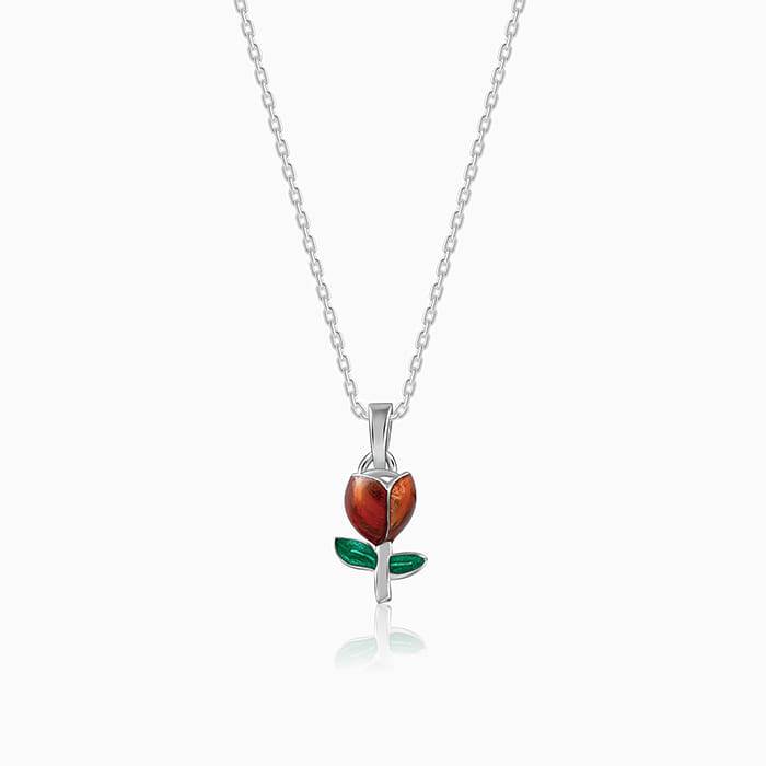 Silver Red Roses Pendant With Link Chain : PD02563