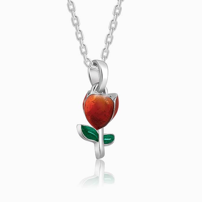 Silver Red Roses Pendant With Link Chain : PD02563