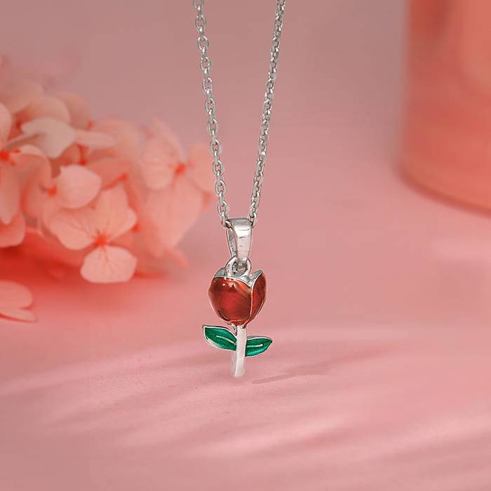 Silver Red Roses Pendant With Link Chain : PD02563