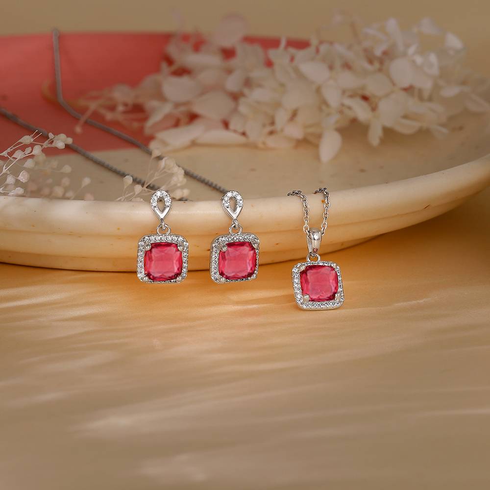 925 Silver Pink Square Set : PD02640ER02811