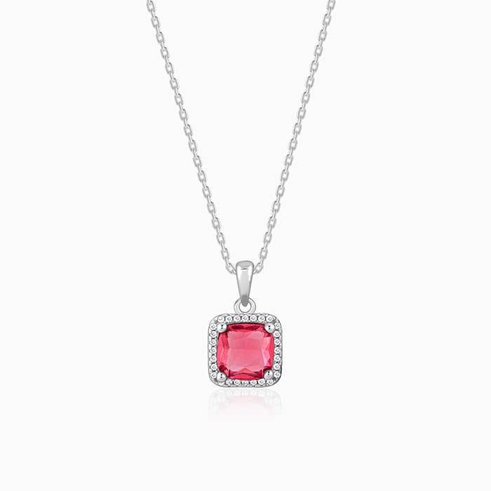 Silver Pink Square Pendant With Link Chain : PD02640