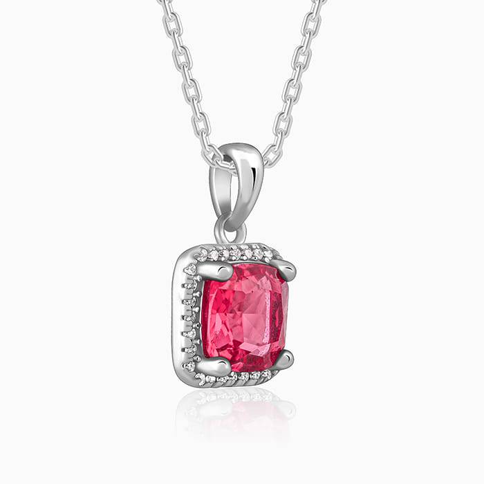 Silver Pink Square Pendant With Link Chain : PD02640