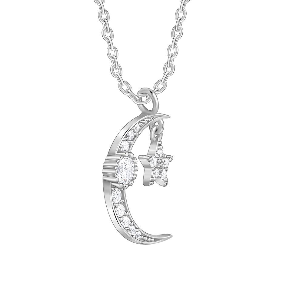 Silver Crescent Moon Star Pendant With Link Chain : PD02701