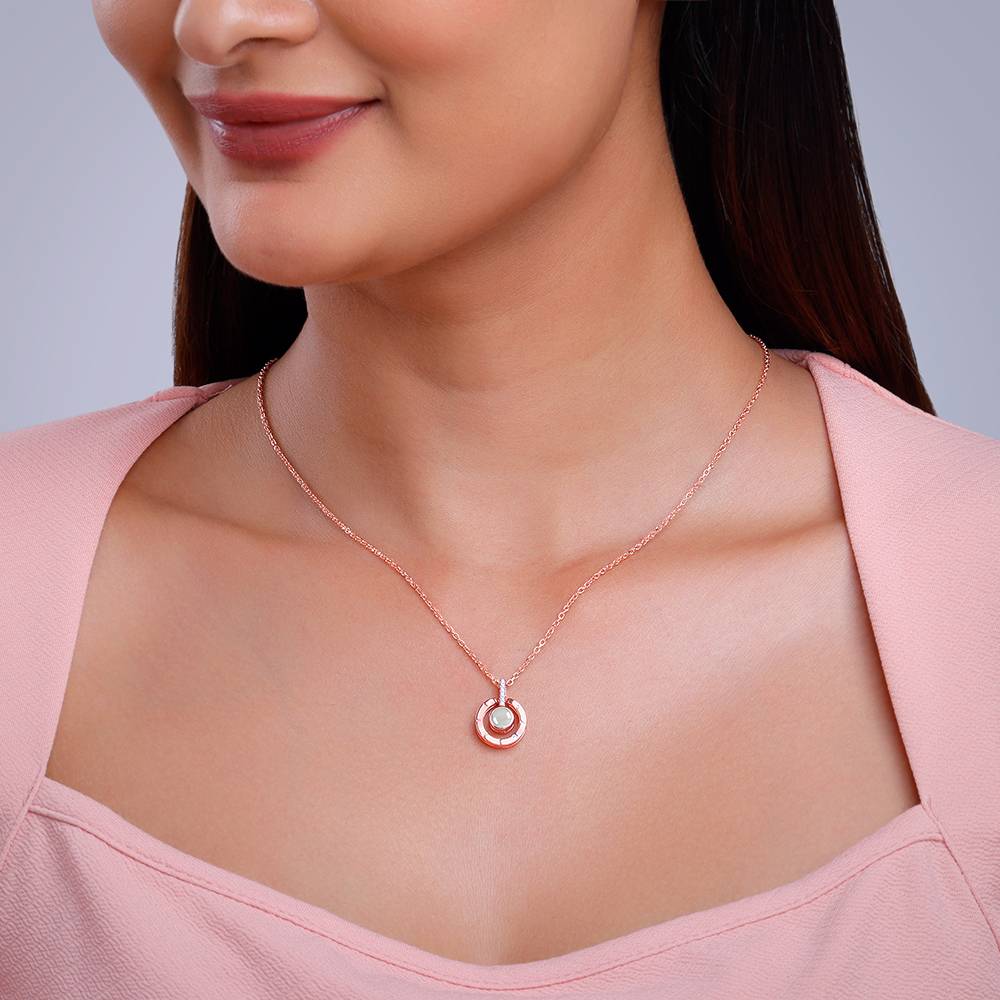 925 Silver Rose Gold Sparkling Circle Pendant With Link Chain : PD02778