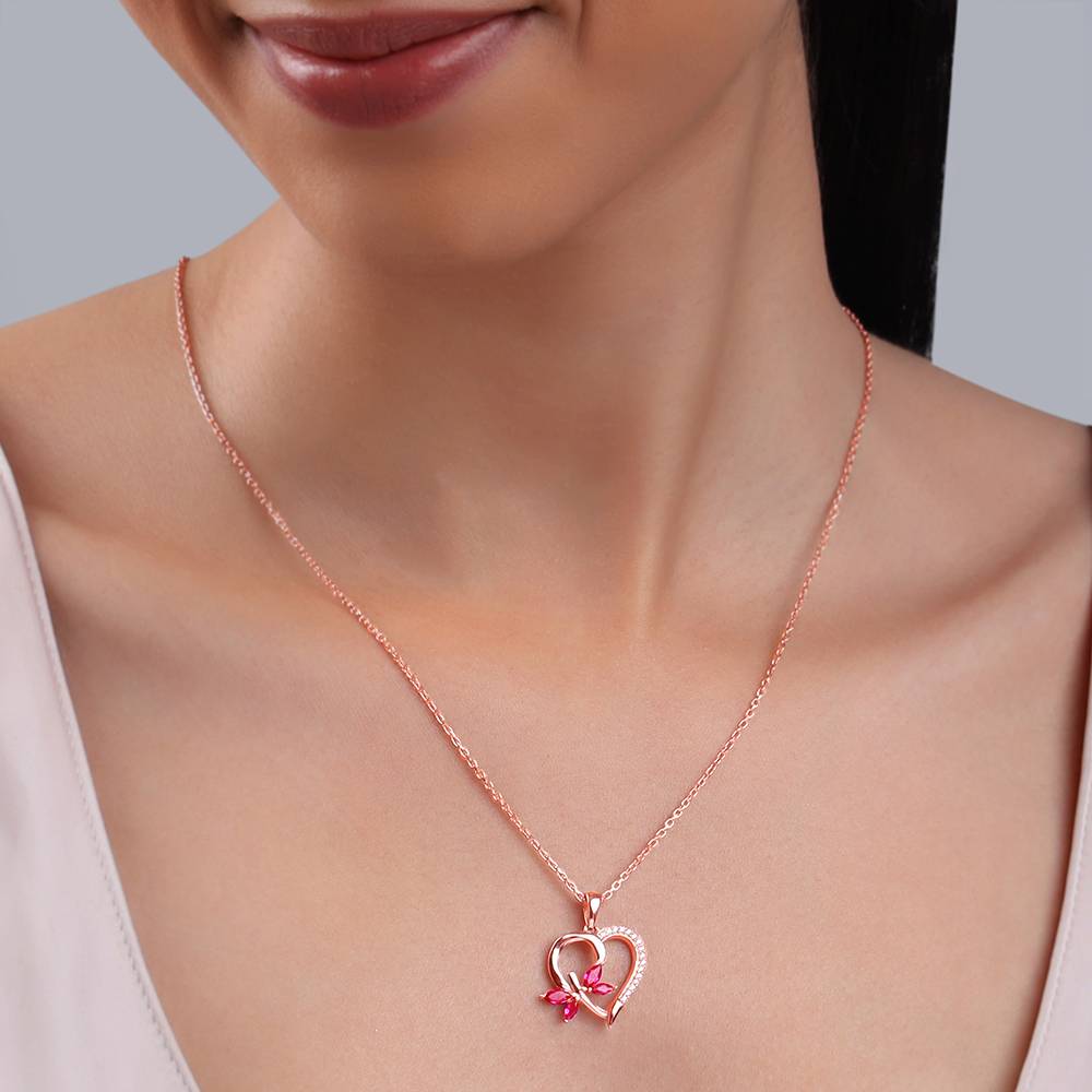 925 Silver Rose Gold Petal Heart Pendant With Link Chain : PD02794