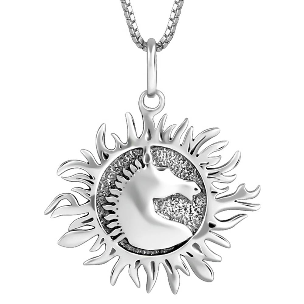 Oxidised Silver Sunborn Horse Pendant With Box Chain For Him : PD02997