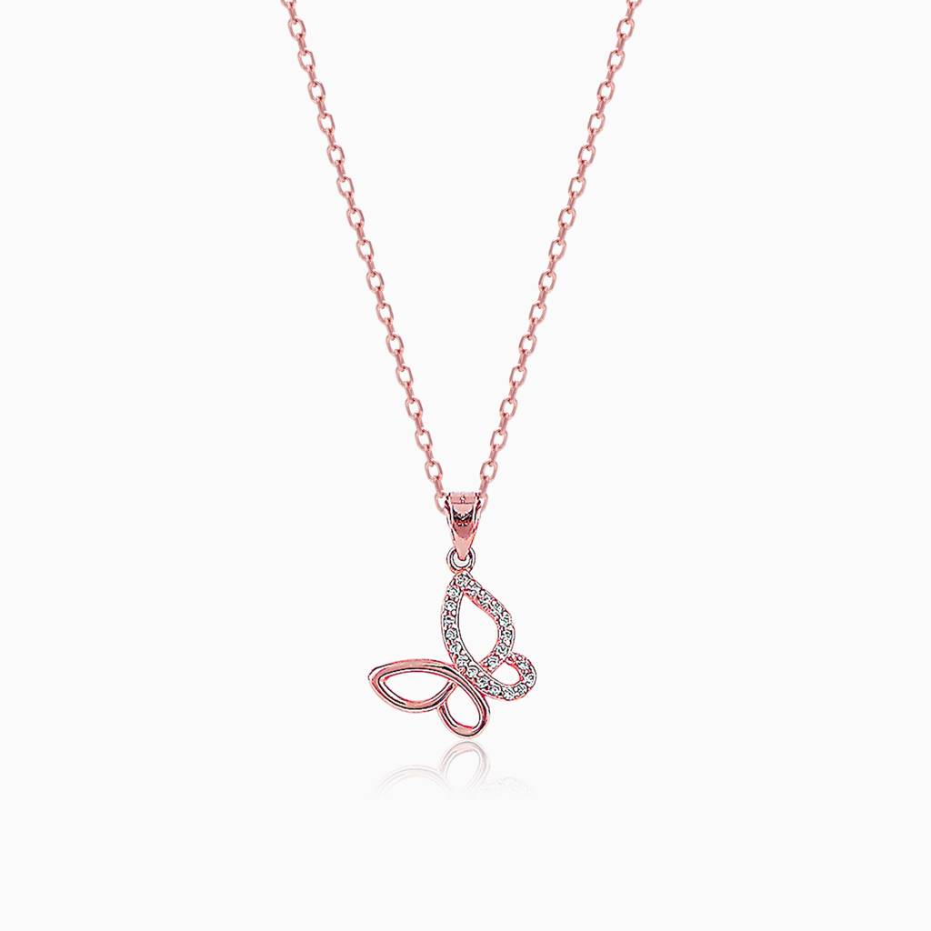 Rose Gold Zircon-Studded Butterfly Pendant With Link Chain : PD0299