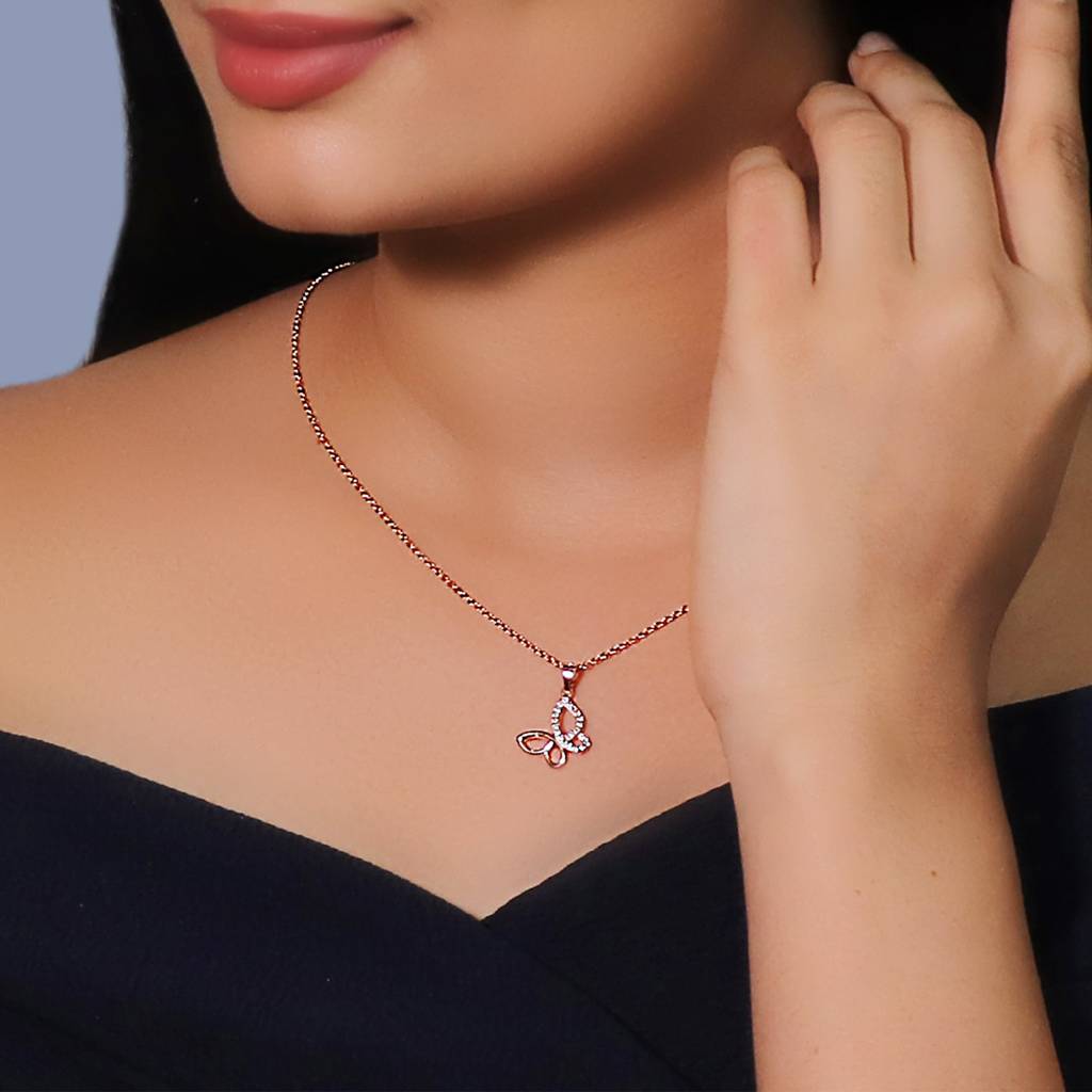 Rose Gold Zircon-Studded Butterfly Pendant With Link Chain : PD0299
