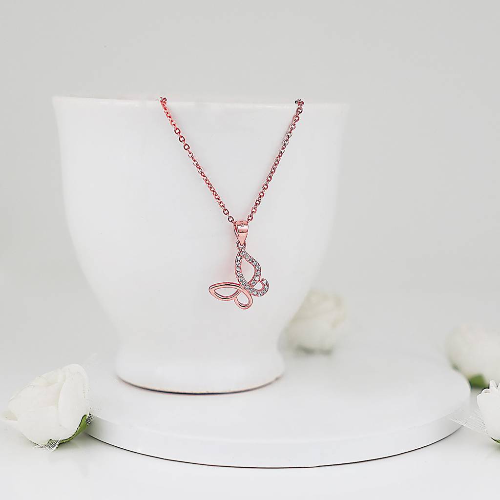 Rose Gold Zircon-Studded Butterfly Pendant With Link Chain : PD0299