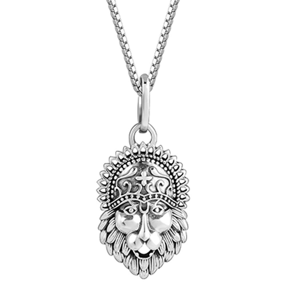 Oxidised Silver Lionheart Crown Pendant With Box Chain For Him  Sterling Silver Adjustable Silver