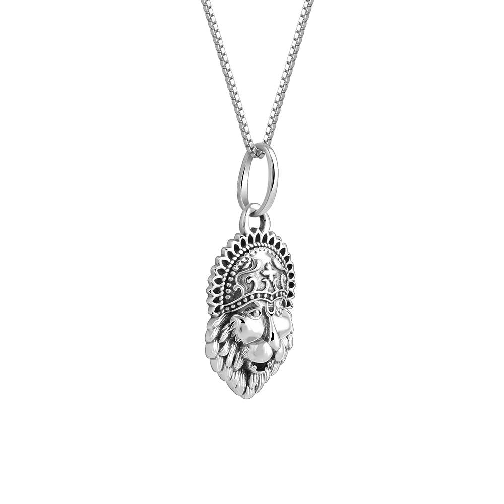 Oxidised Silver Lionheart Crown Pendant With Box Chain For Him : PD03000