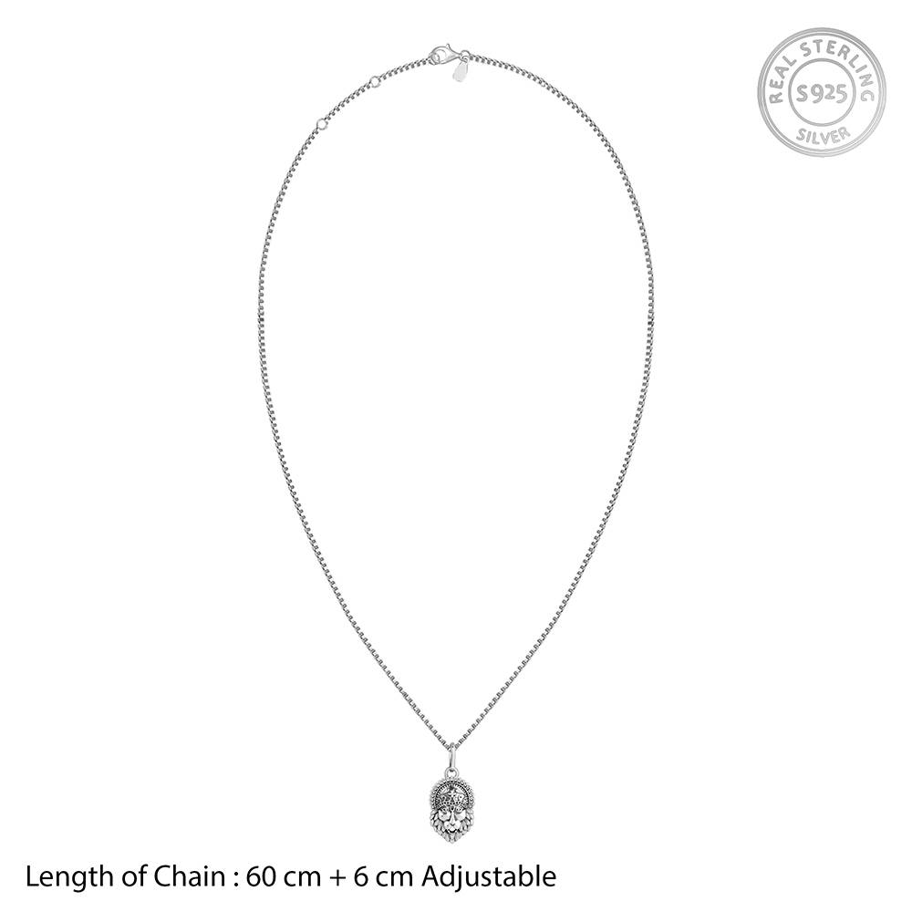 Oxidised Silver Lionheart Crown Pendant With Box Chain For Him : PD03000